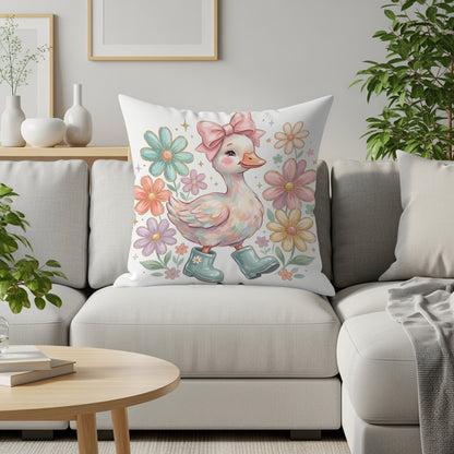 Cartoon duckling wearing boots and a pink bow, surrounded by flowers.