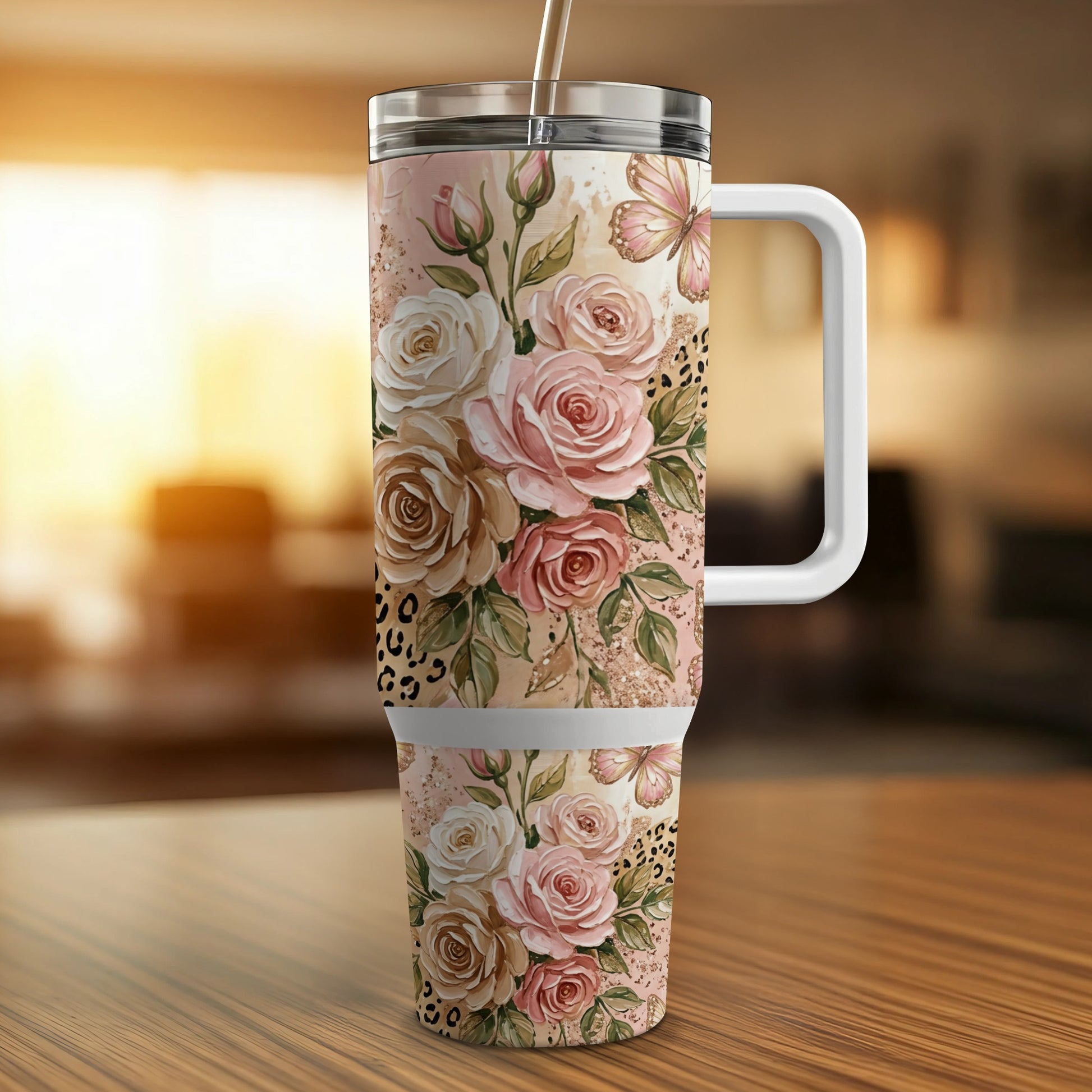 Tumbler with roses, butterflies, and leopard print design.