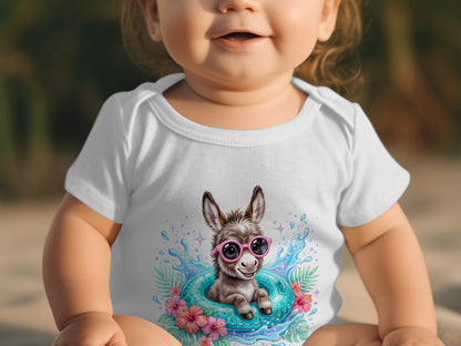 Baby in white onesie with a smiling donkey in sunglasses on an inner tube.