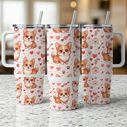 Three corgis on a pink background with hearts and envelopes.