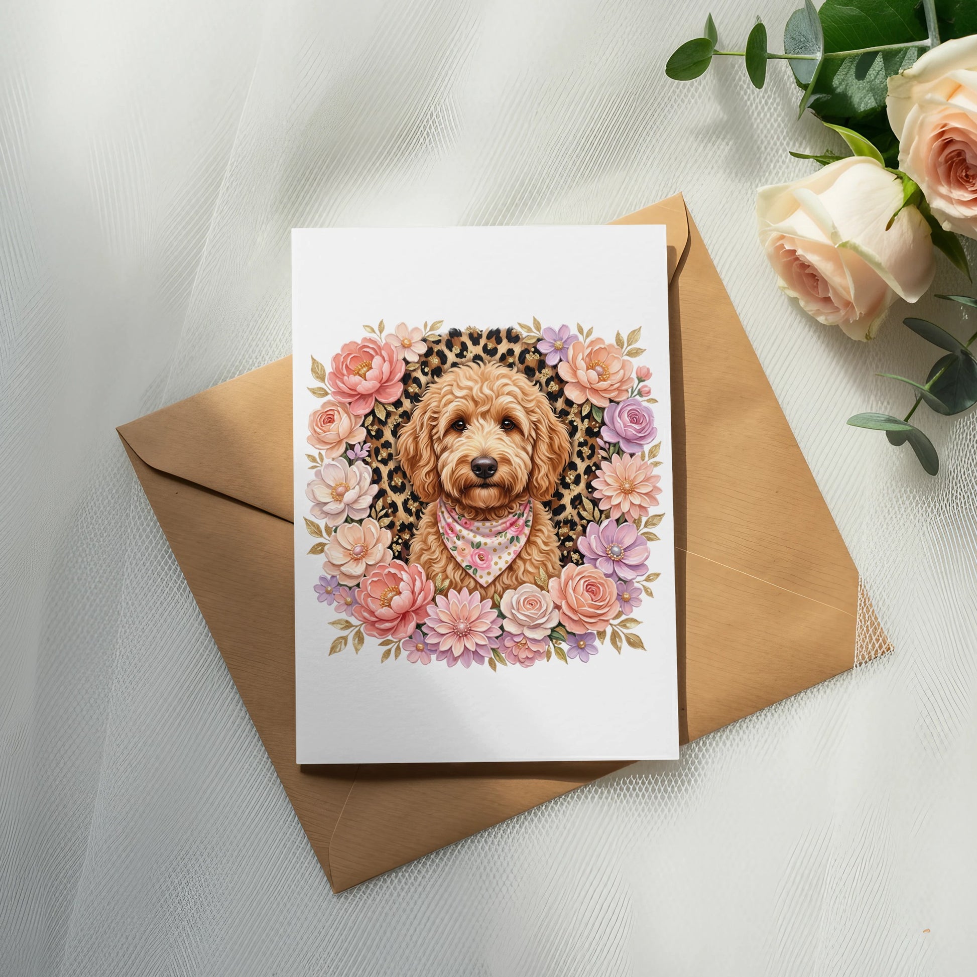 Goldendoodle wearing a floral bandana, surrounded by a flower wreath.