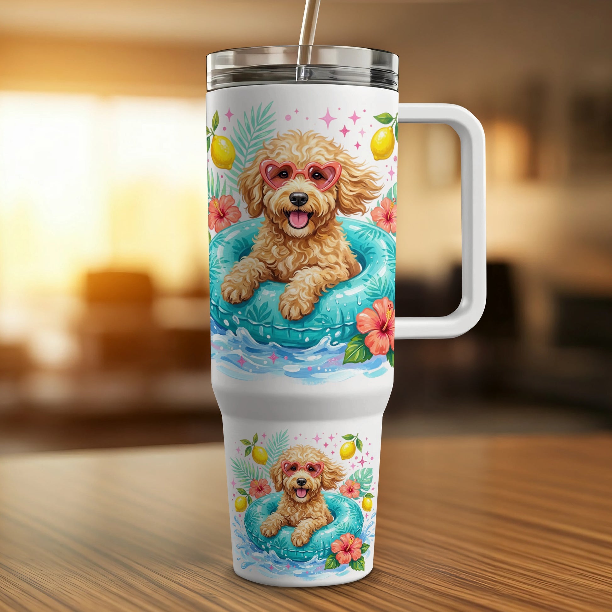 Pink poodle in inflatable ring with hearts and flowers, on a tumbler.