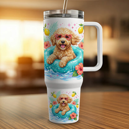 Pink poodle in inflatable ring with hearts and flowers, on a tumbler.