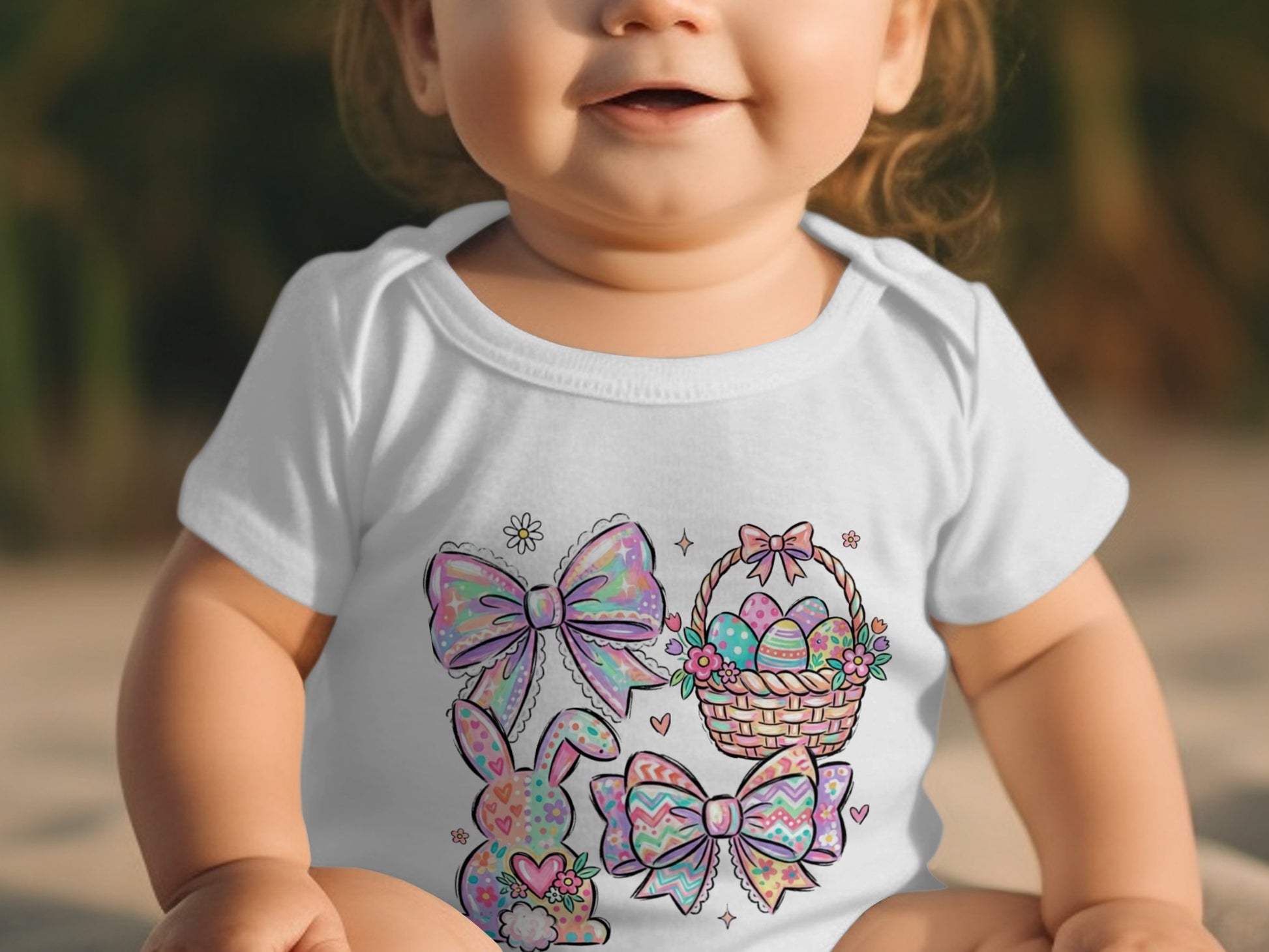 Baby in white onesie with Easter graphics: bunny, basket, bows, and eggs.