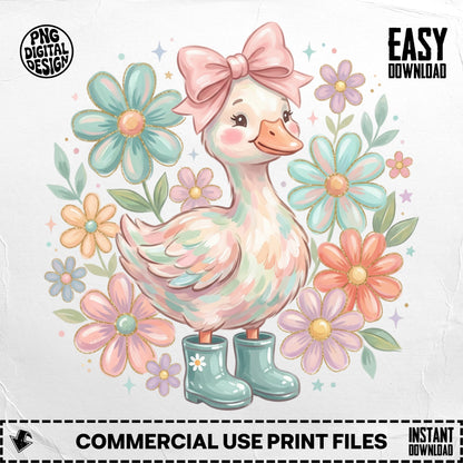 Cute duck in boots surrounded by pastel flowers, with "EASY DOWNLOAD" text.