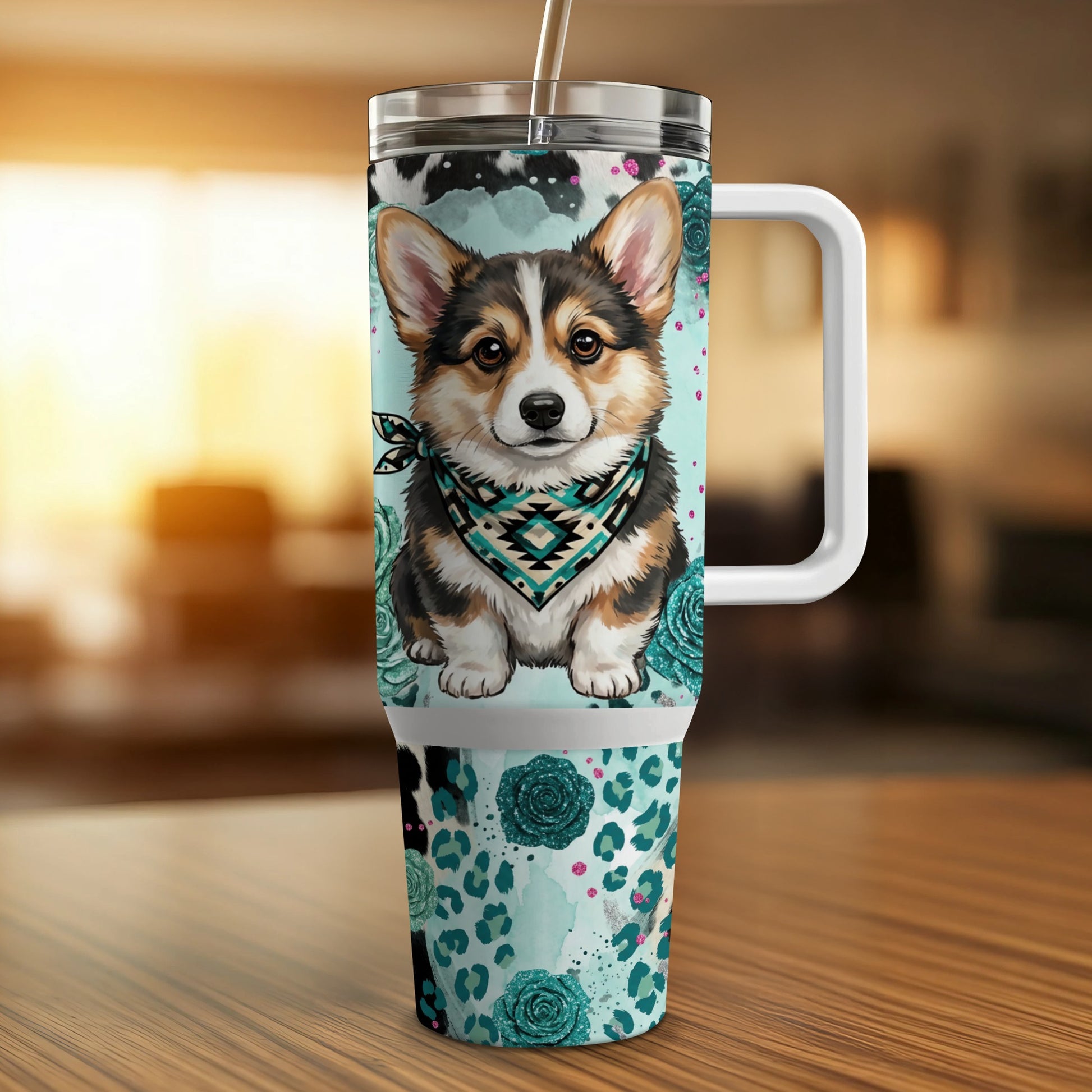 Corgi wearing a bandana on a teal leopard print tumbler.