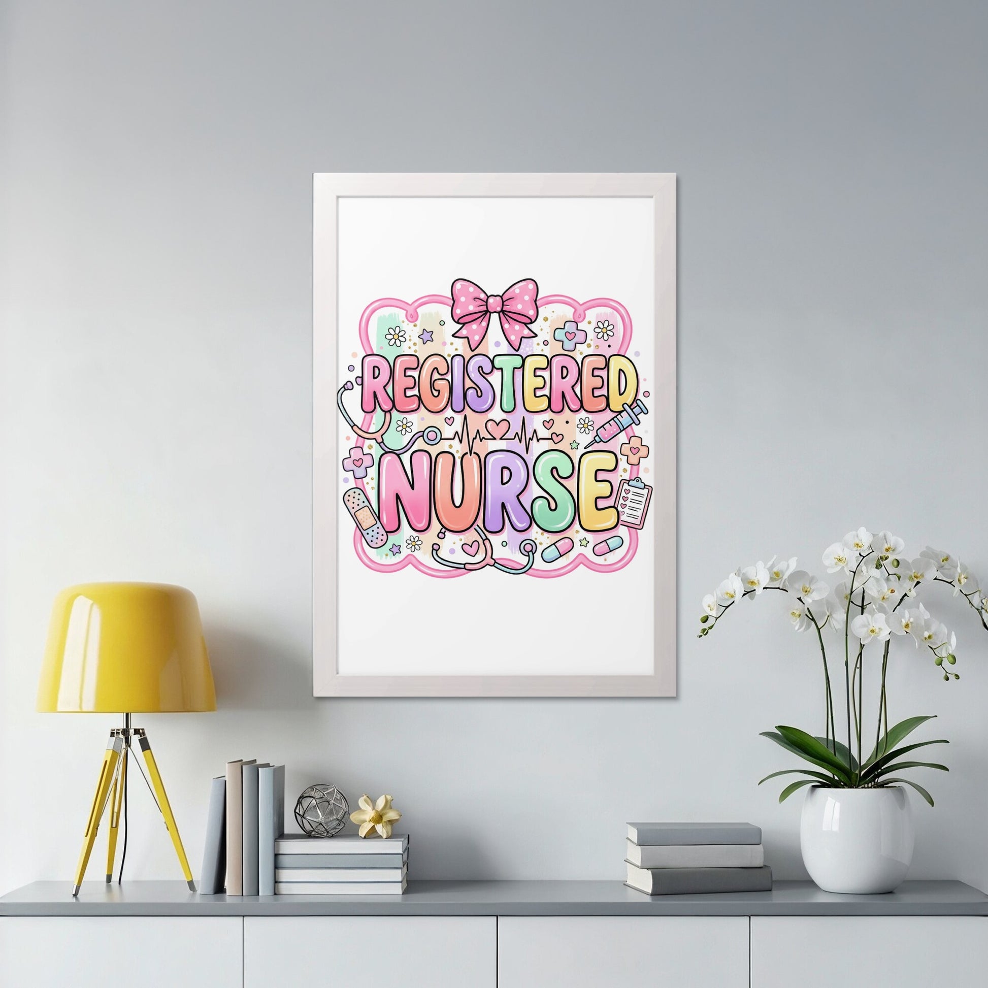 Registered Nurse text with medical icons and colorful pastel decorations.