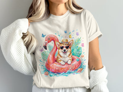 Corgi in flamingo floatie wearing sunglasses and hat, surrounded by butterflies.