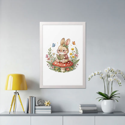 Bunny in glasses reading a book on a mushroom with butterflies.