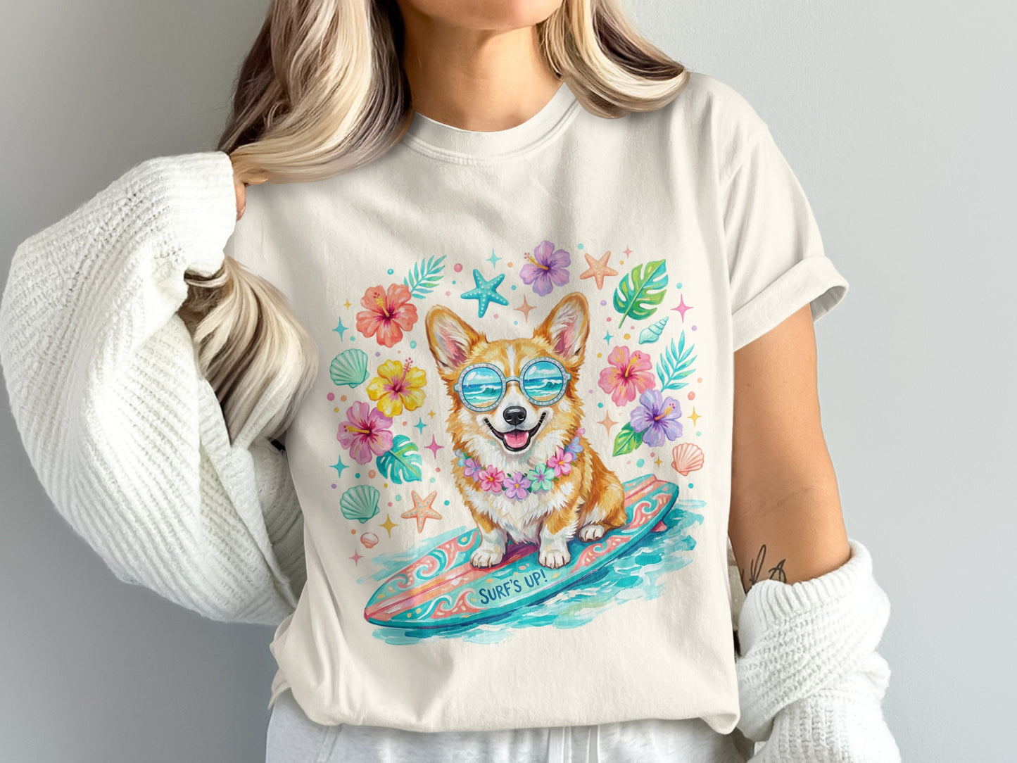 Corgi wearing sunglasses on a surfboard with tropical flowers and shells.