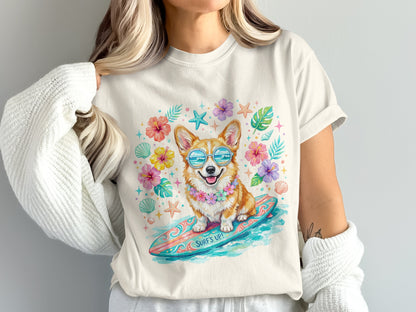 Corgi wearing sunglasses on a surfboard with tropical flowers and shells.