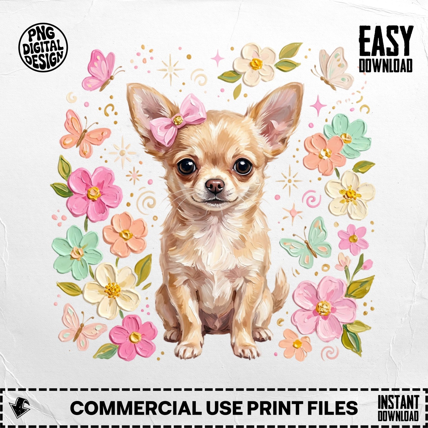 Chihuahua puppy with pink bow surrounded by flowers and butterflies.
