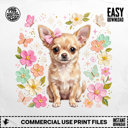 Chihuahua puppy with pink bow surrounded by flowers and butterflies.