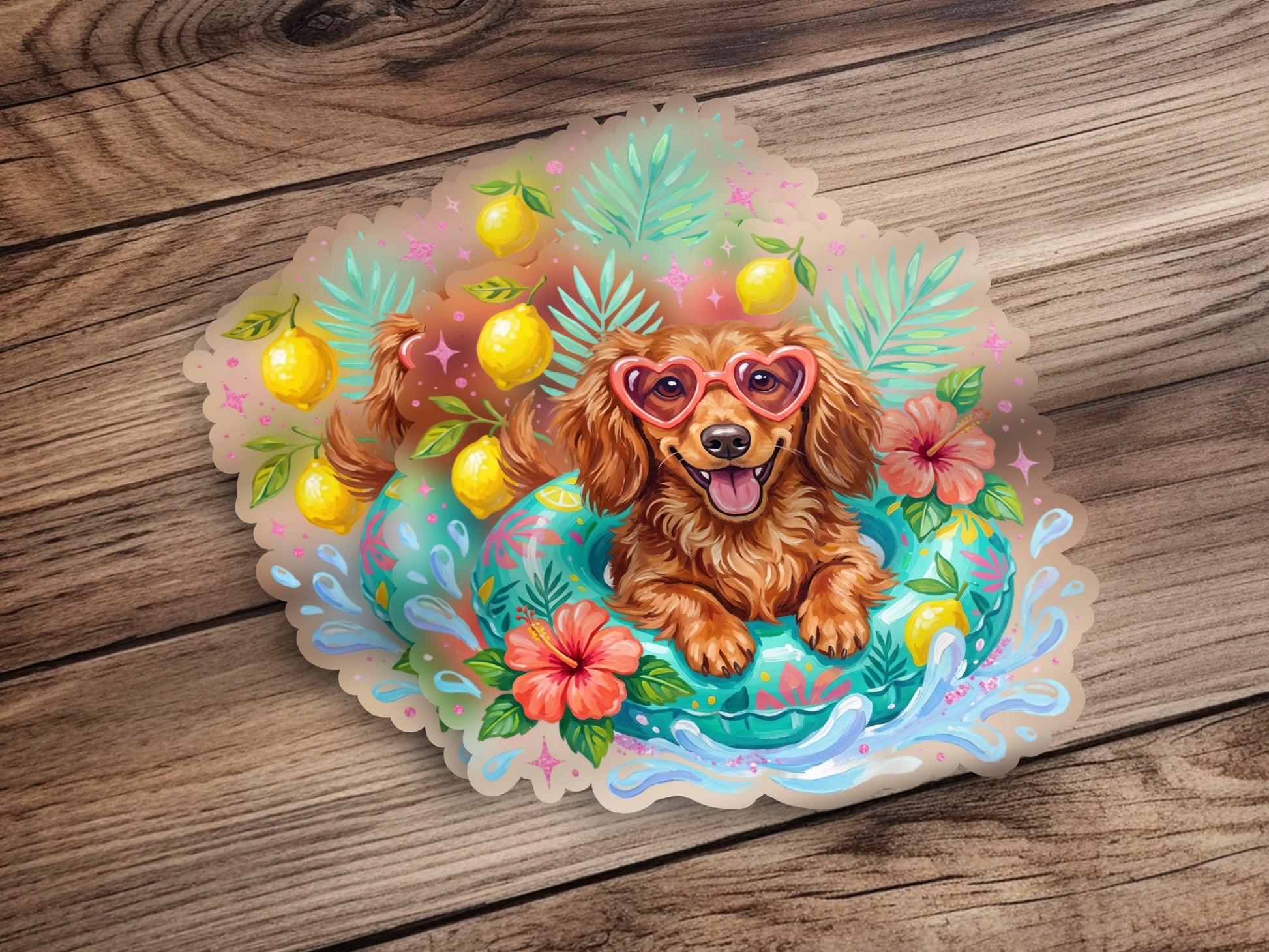 Dog wearing heart sunglasses in a pool float surrounded by lemons and flowers.