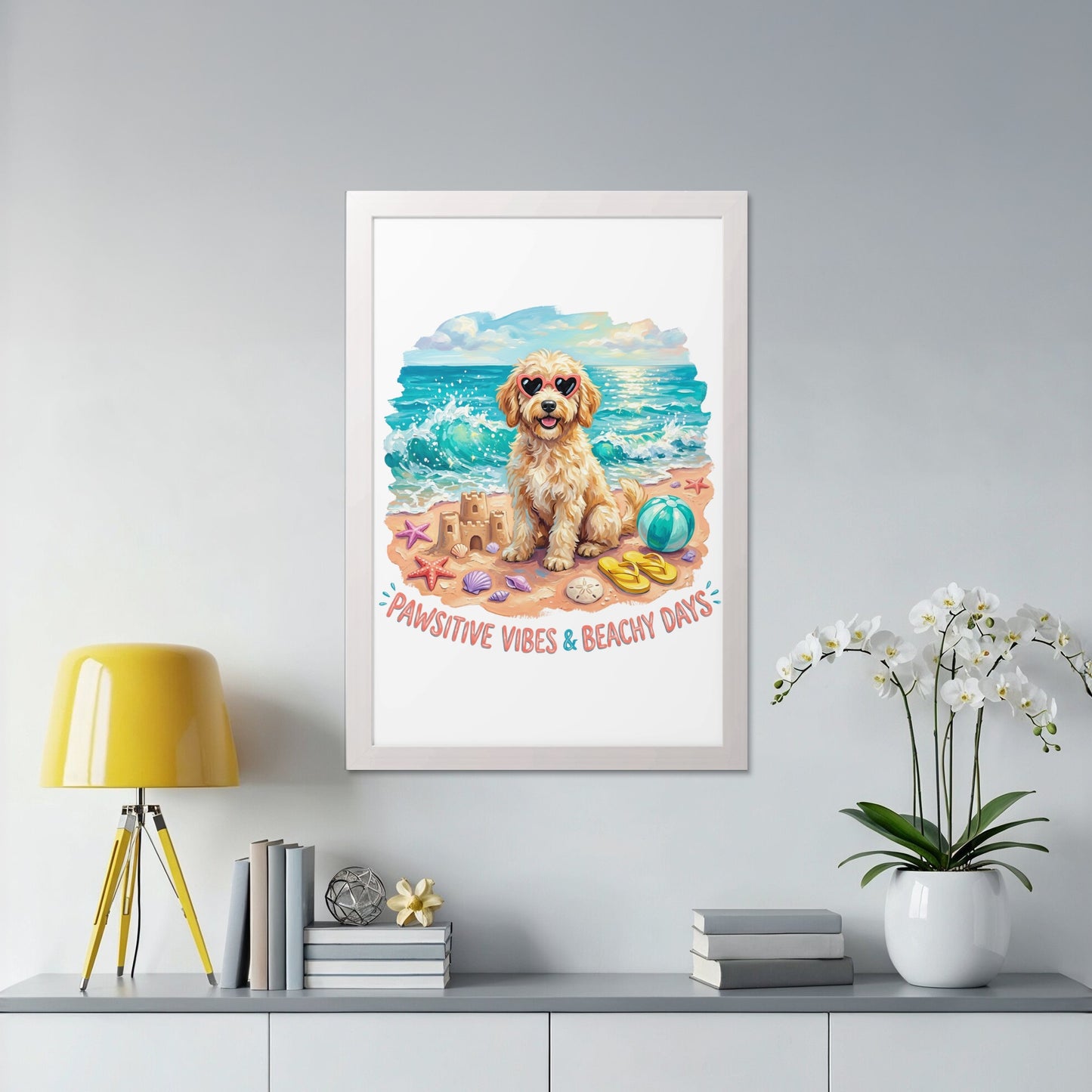 Beach scene with a dog wearing heart sunglasses and a sandcastle.