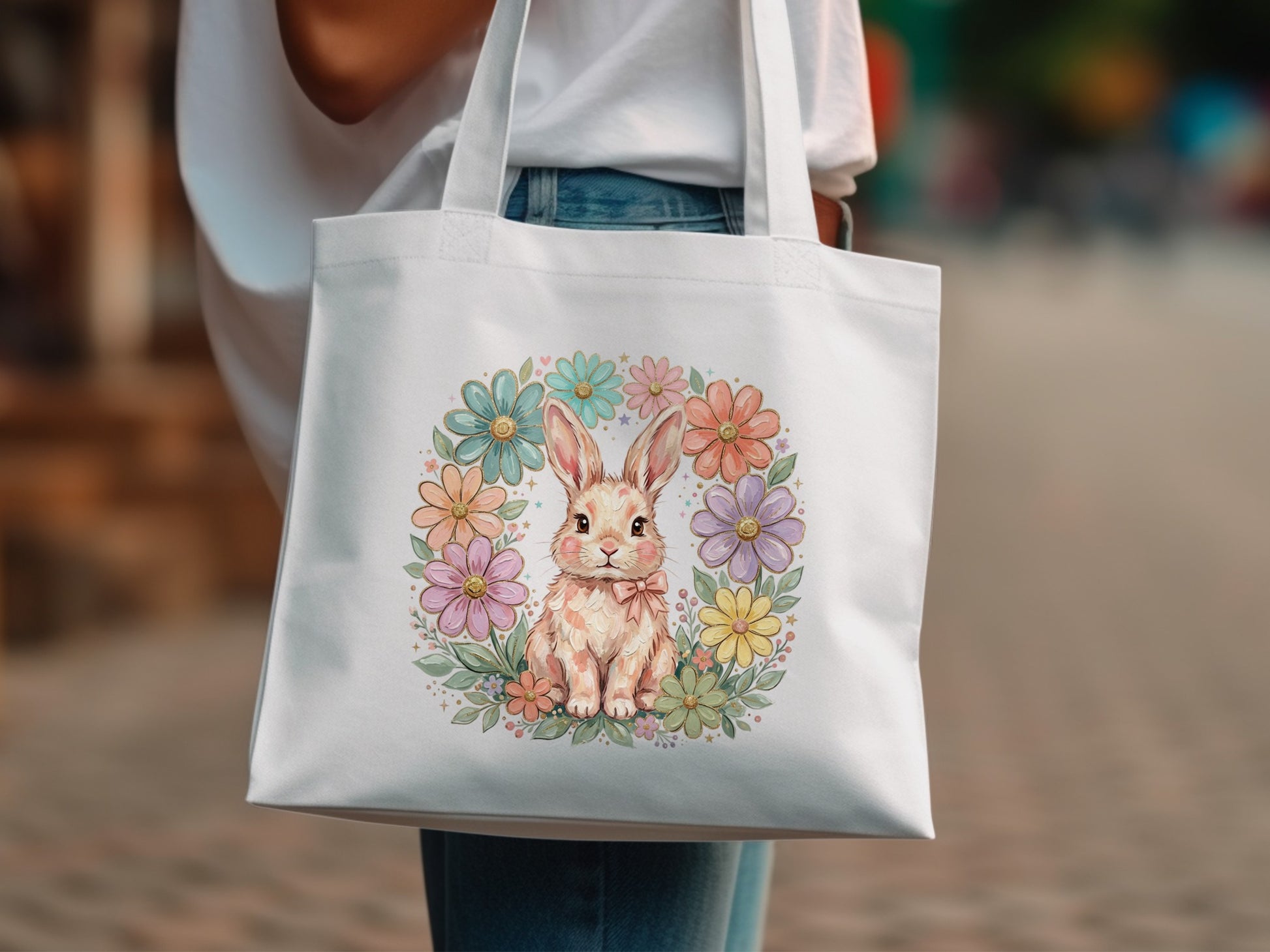 White tote bag with floral wreath and bunny illustration.