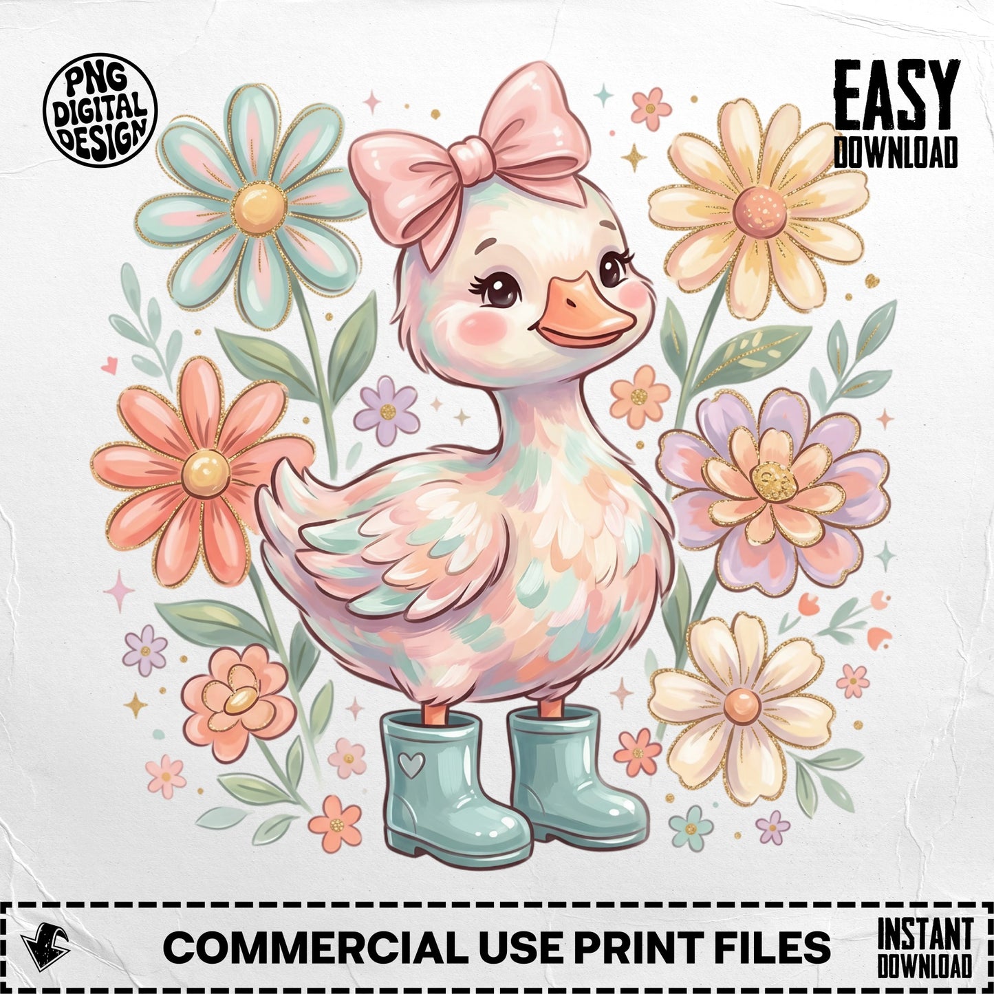Cute duckling with blue boots surrounded by pastel flowers.