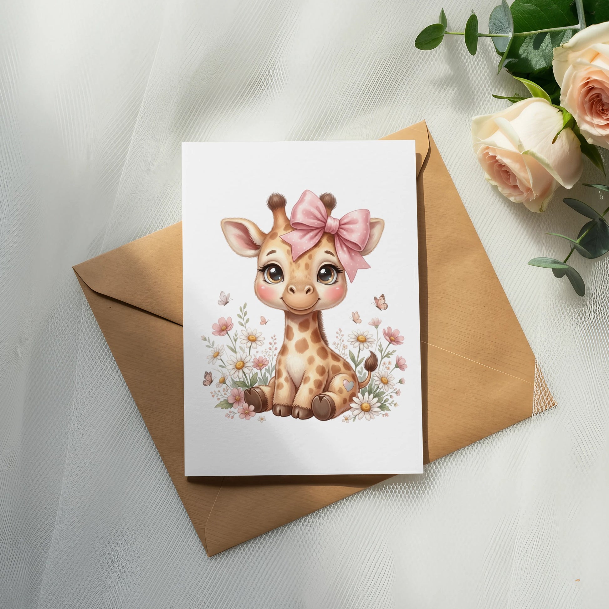 Cute cartoon giraffe with pink bow sits in field of flowers.