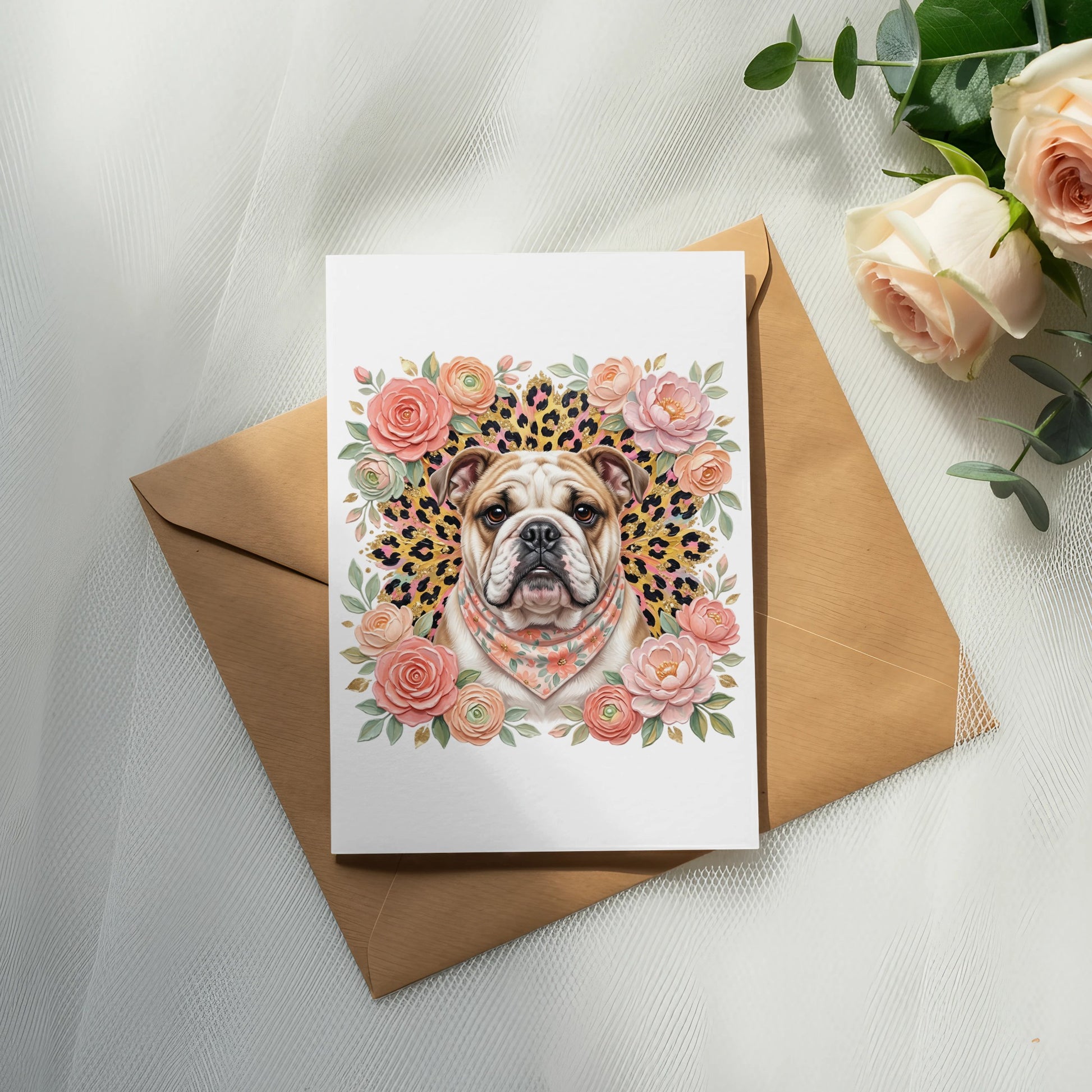English Bulldog portrait surrounded by roses and leopard print on a card.