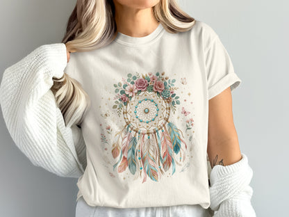 Cream t-shirt with a dreamcatcher and floral design.