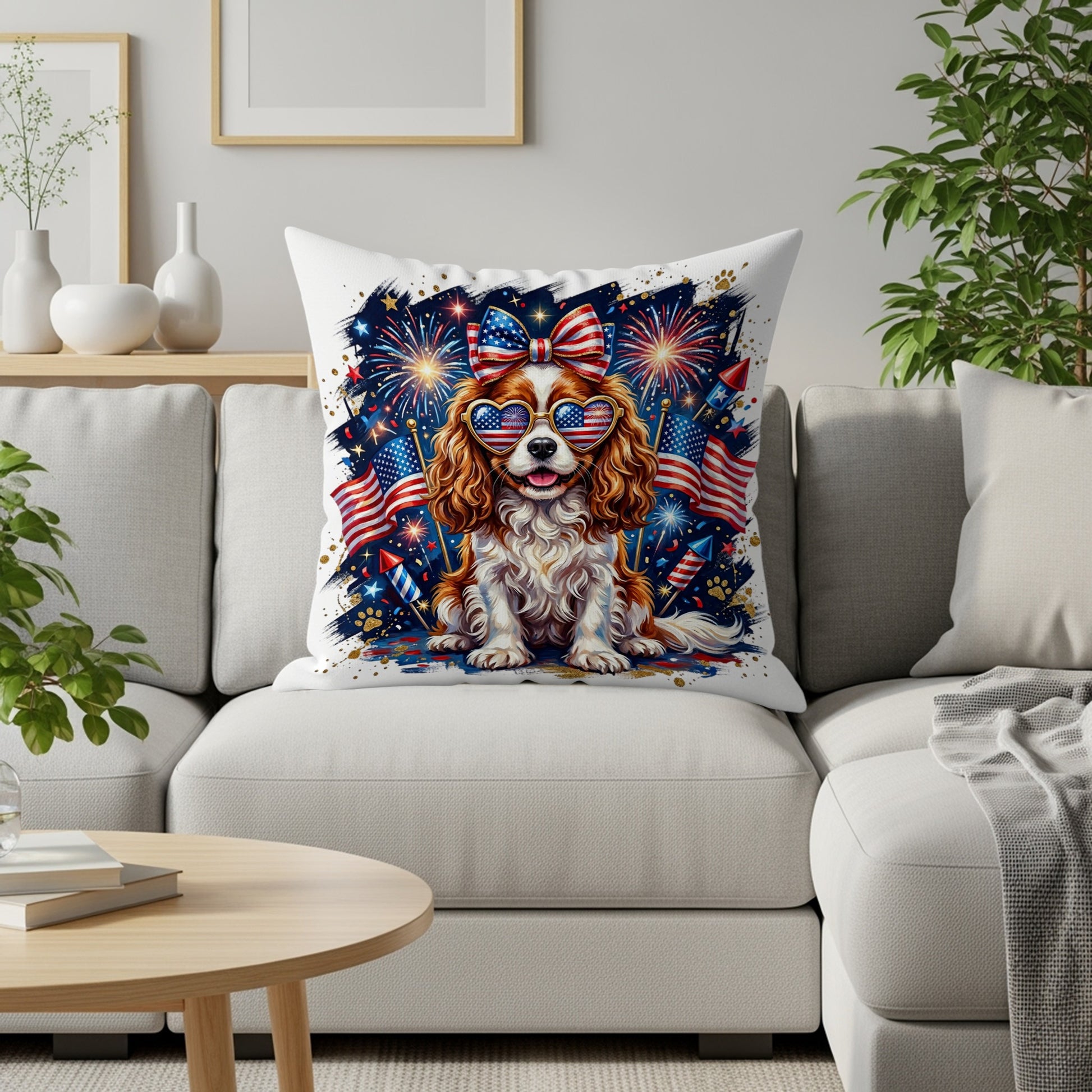 Cavalier King Charles Spaniel wearing heart-shaped sunglasses and fireworks background.