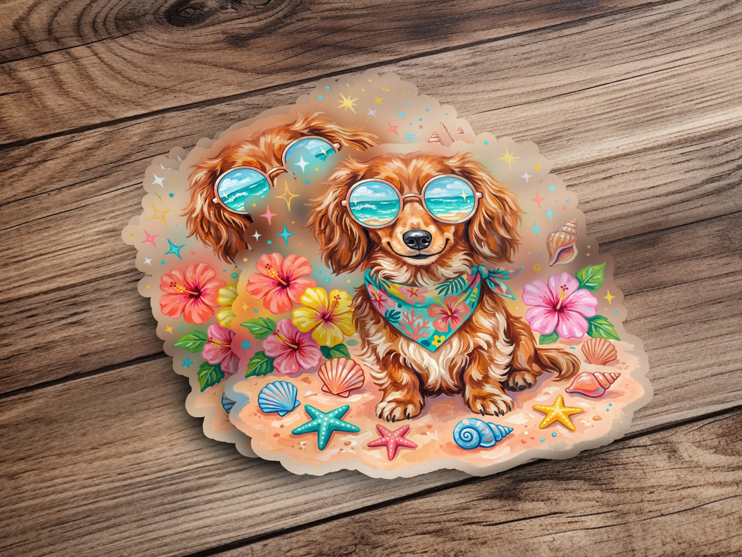 Dachshund in sunglasses and bandana at the beach.
