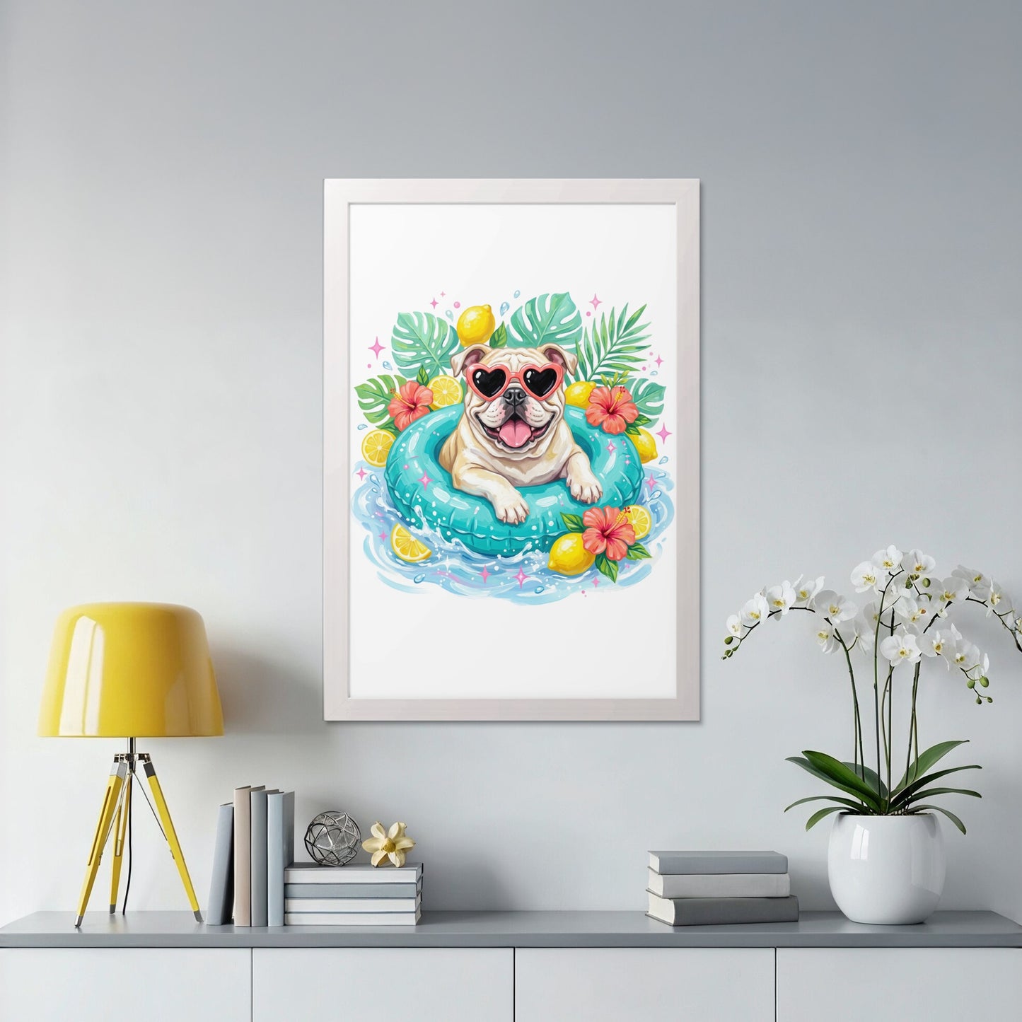 Bulldog wearing heart sunglasses in a pool float surrounded by lemons and leaves.