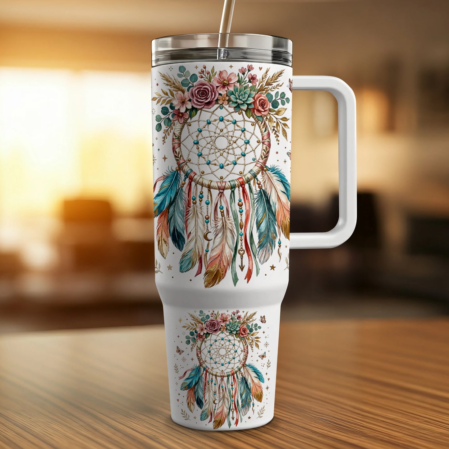 Tumbler with a dreamcatcher and floral design, featuring feathers.