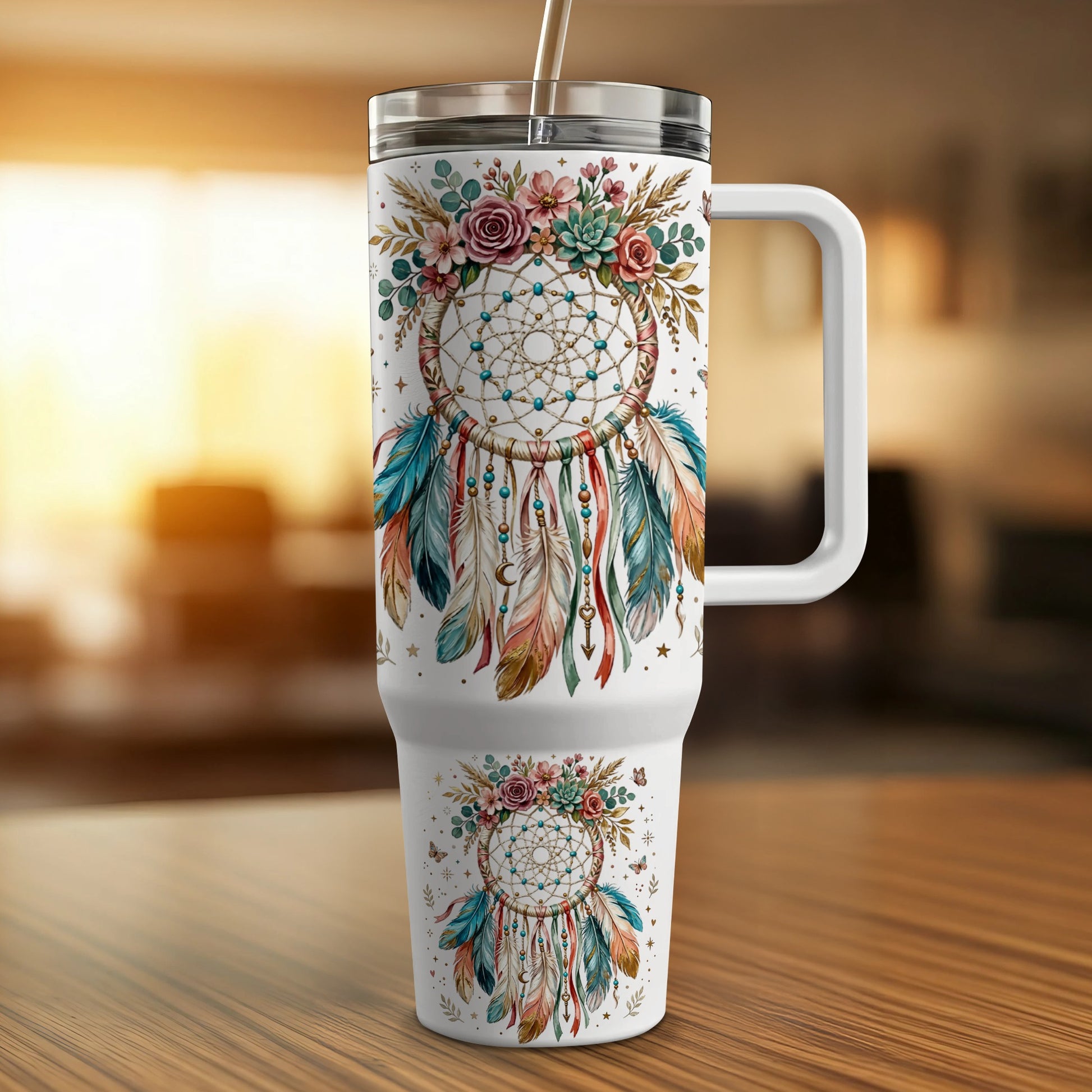 Tumbler with a dreamcatcher and floral design, featuring feathers.