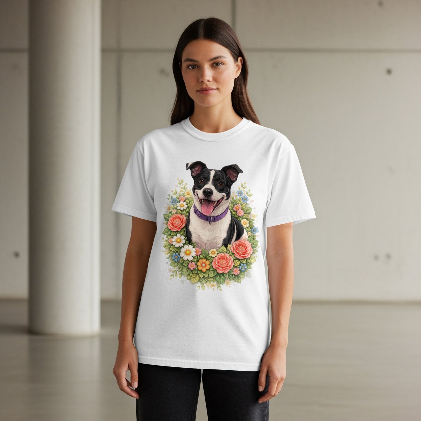Woman wearing white t-shirt with floral dog portrait.