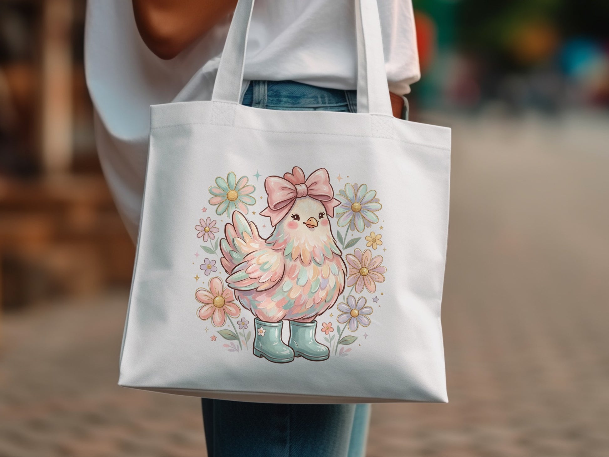Tote bag with pastel chicken wearing boots and surrounded by flowers.