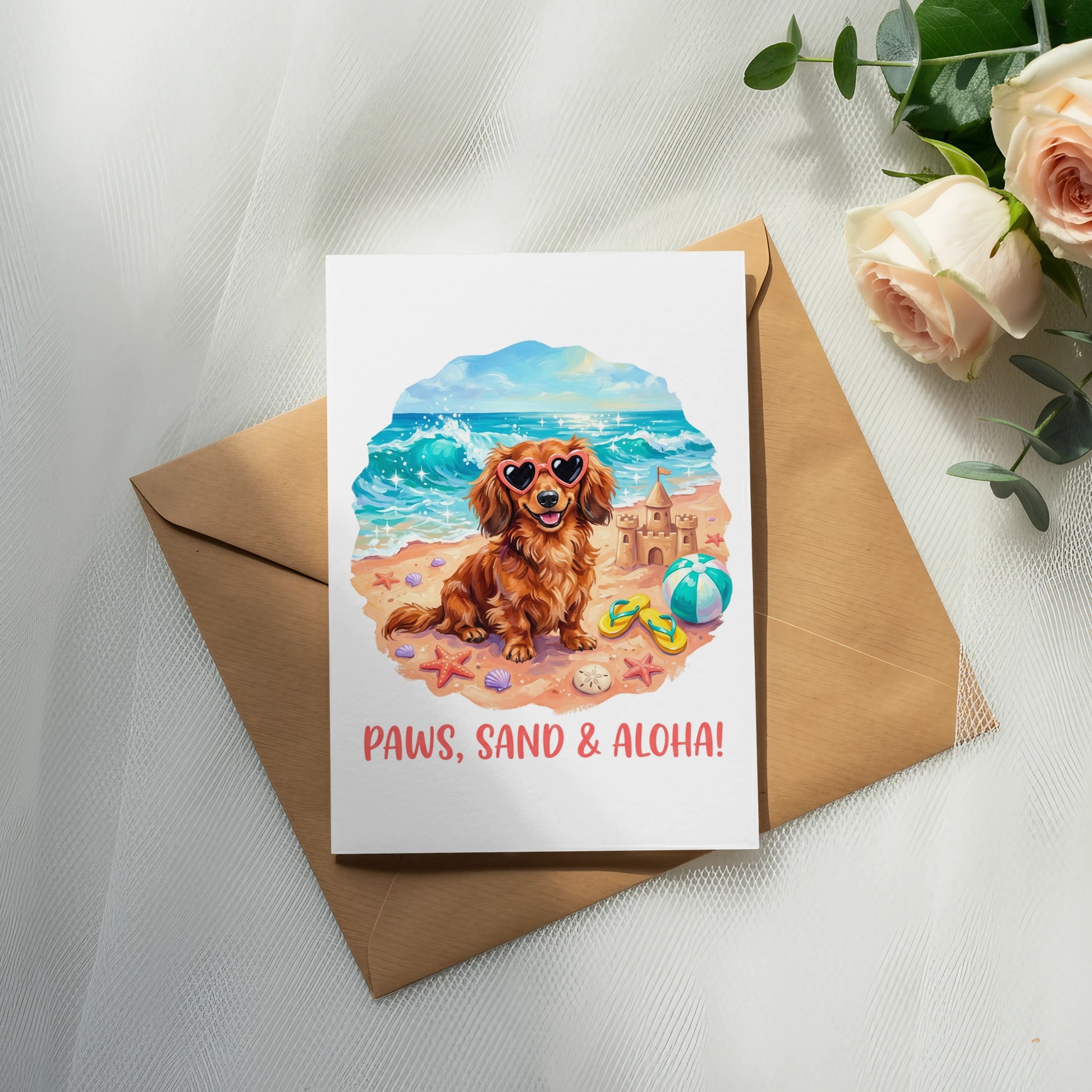 Dachshund in sunglasses at beach with text "Paws, Sand & Aloha!".
