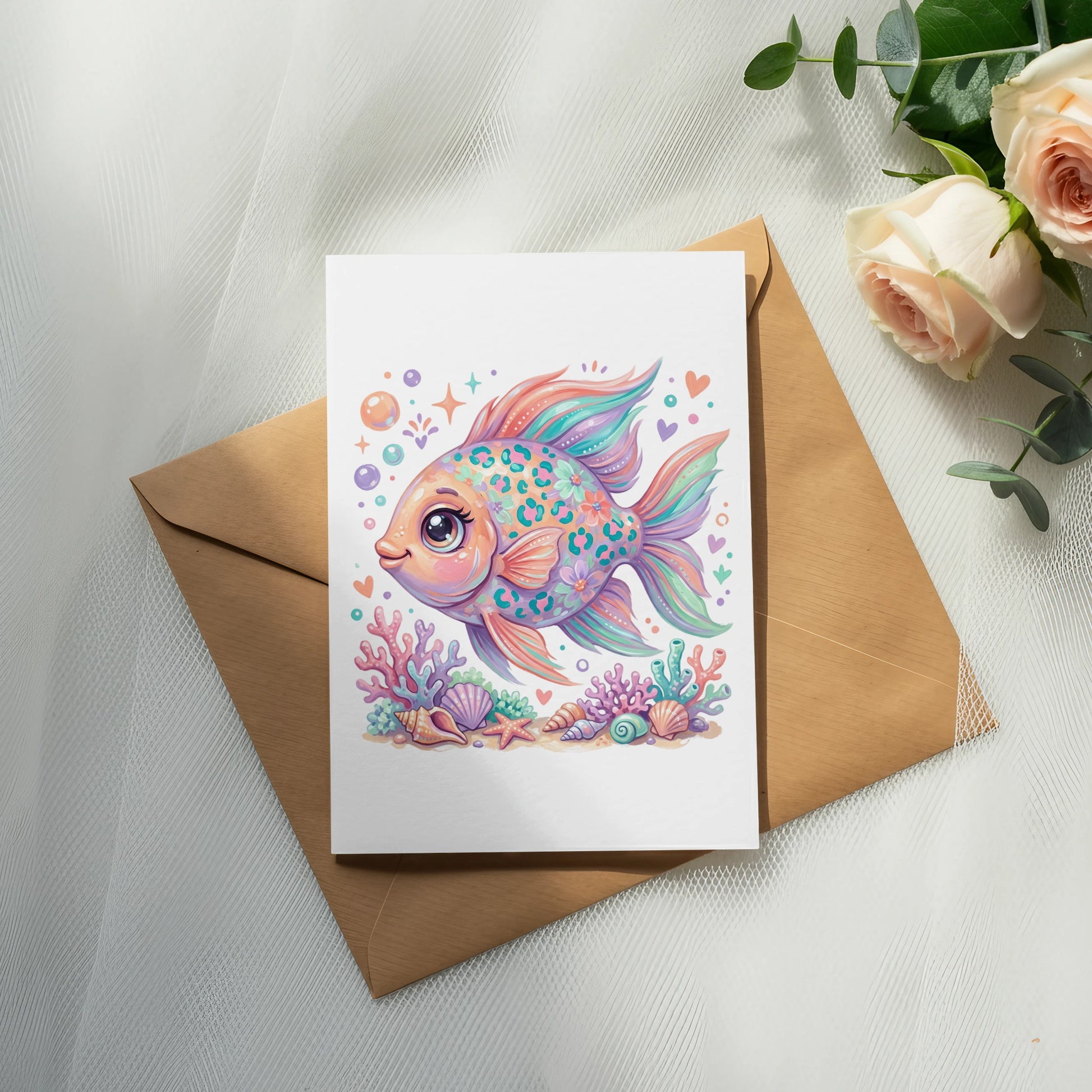 Cartoon fish with colorful scales, coral, and seashells on a card.