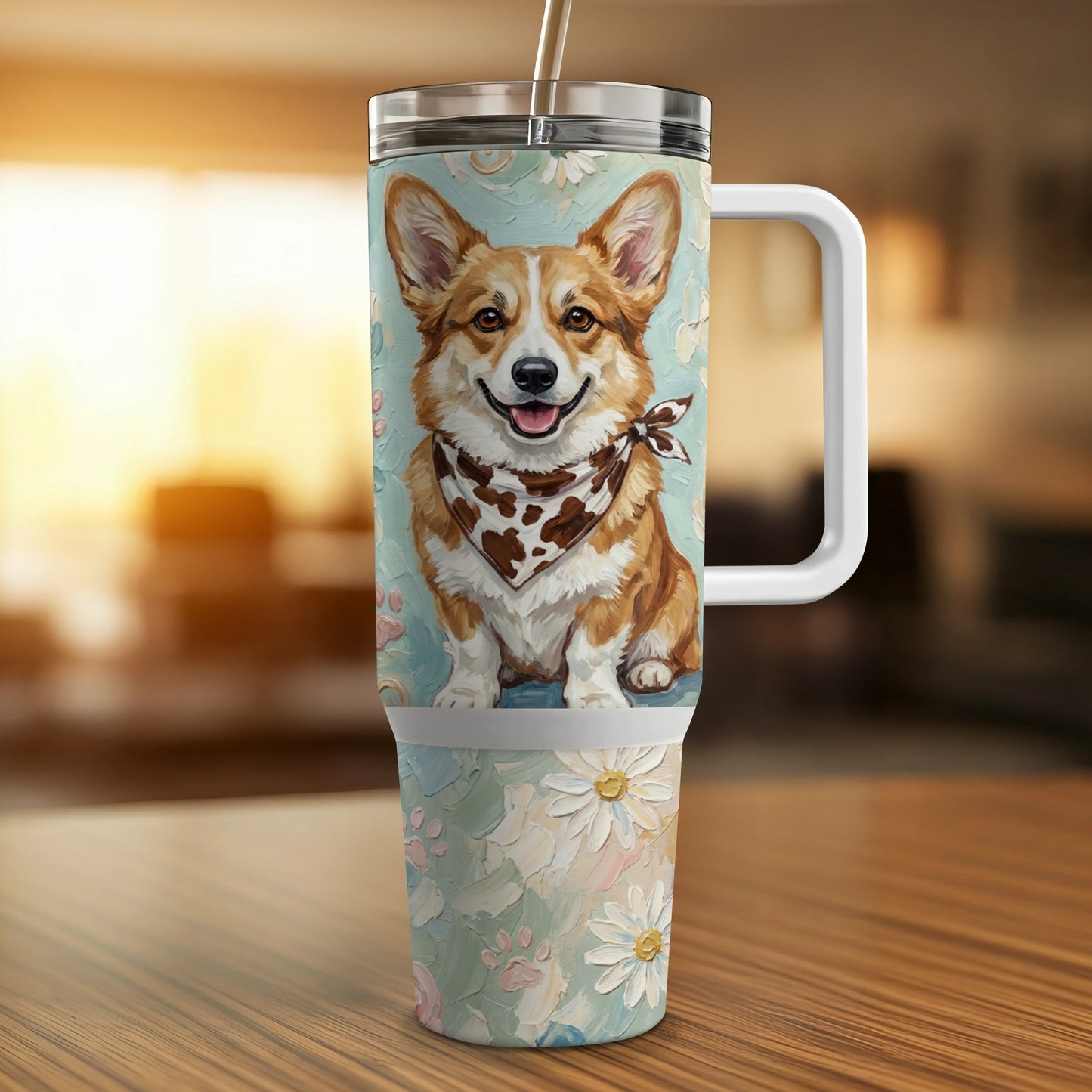 Corgi wearing a bandana on a floral patterned travel tumbler.