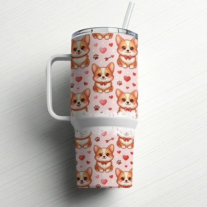 Pink tumbler with repeating pattern of cartoon corgis wearing bowties and hearts.