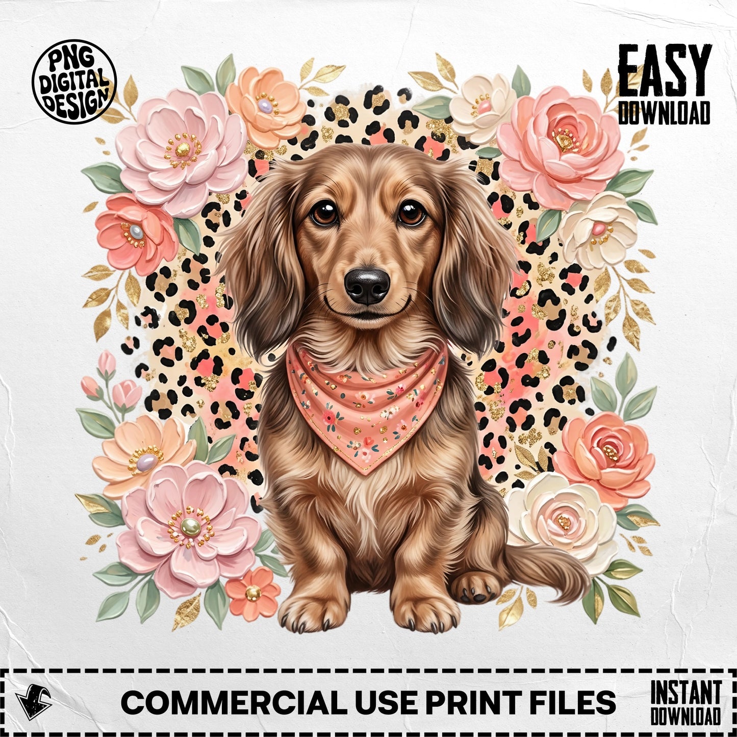 Dachshund with floral border and leopard print background.