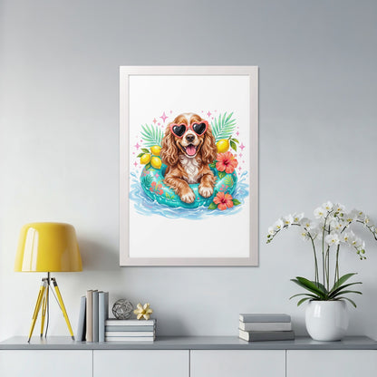 Dog wearing heart-shaped sunglasses floats in a pool with flowers.