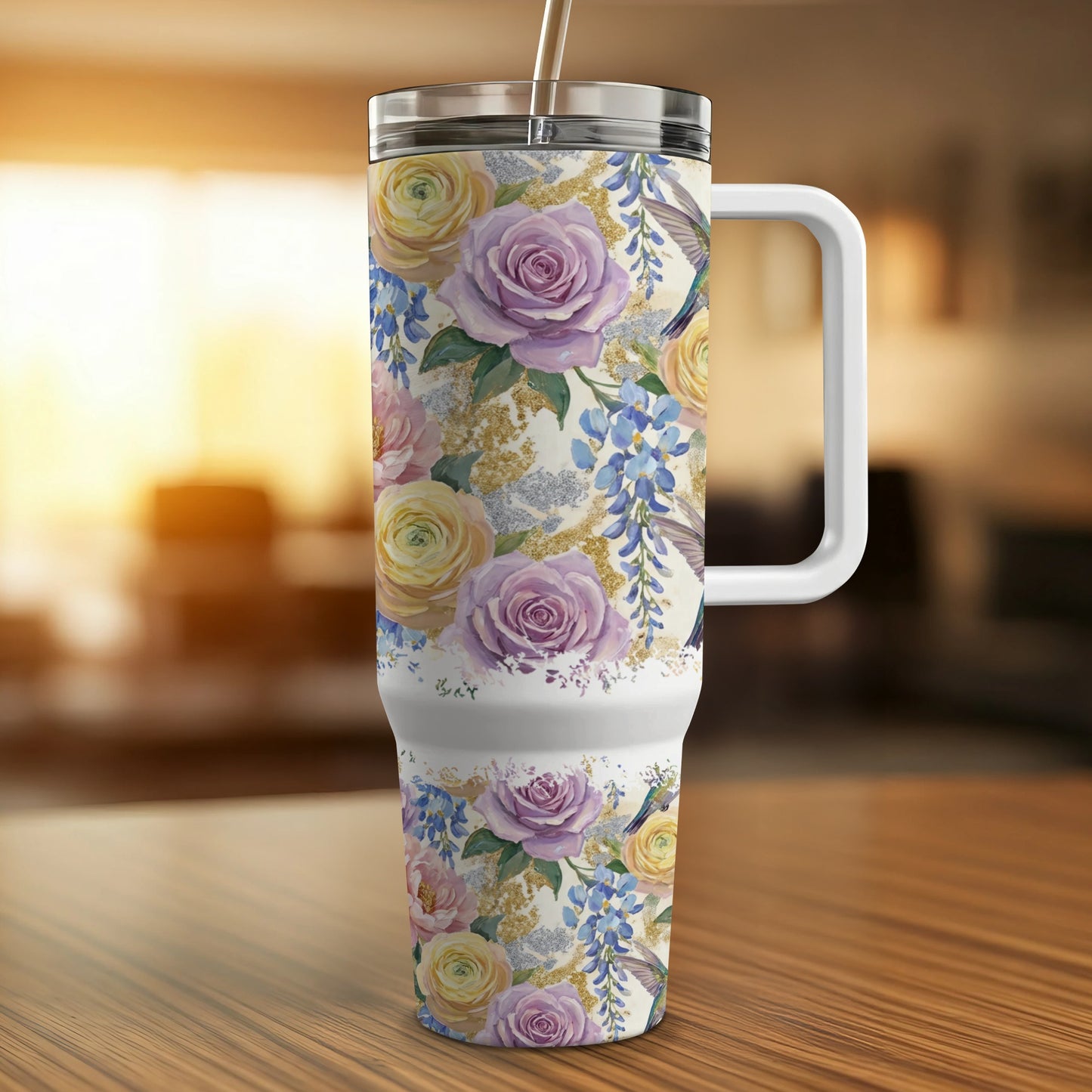 Floral tumbler with handle, featuring roses and wisteria, on a wooden surface.