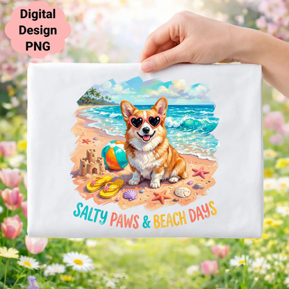 Corgi wearing sunglasses at the beach with "Salty Paws & Beach Days" text.
