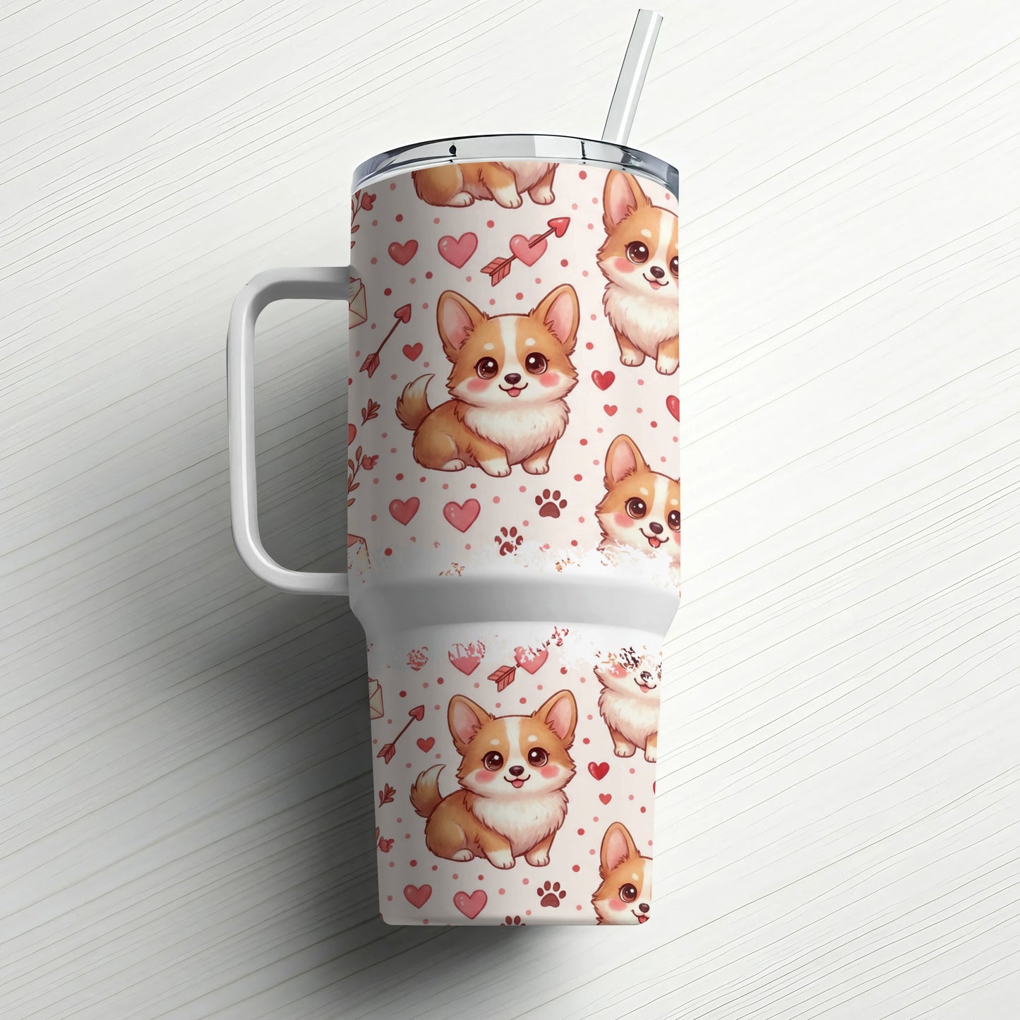 White tumbler with repeated cute corgi dog pattern and hearts.