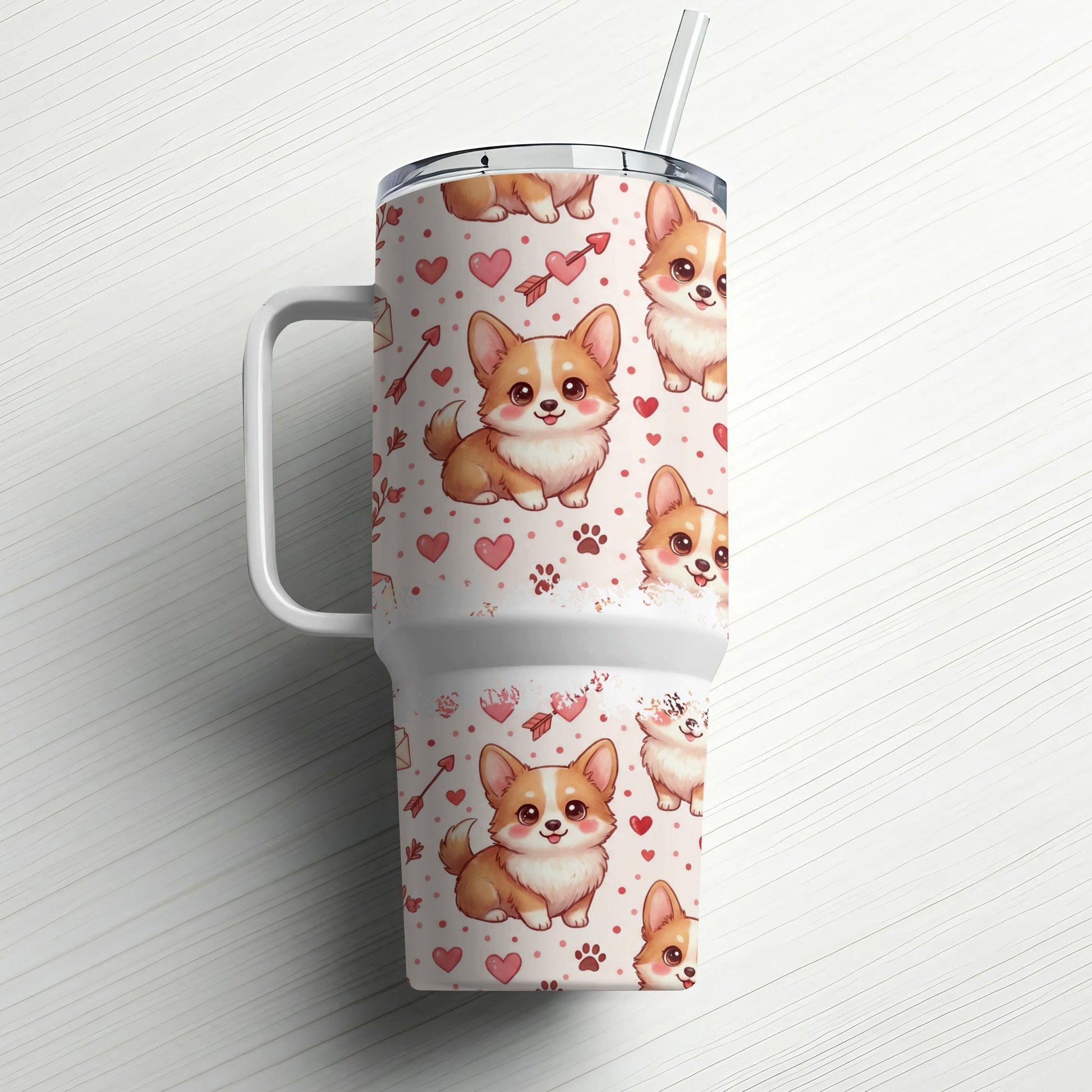 White tumbler with repeated cute corgi dog pattern and hearts.
