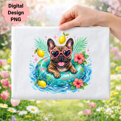 French bulldog in sunglasses floats in tropical inner tube with lemons and flowers.