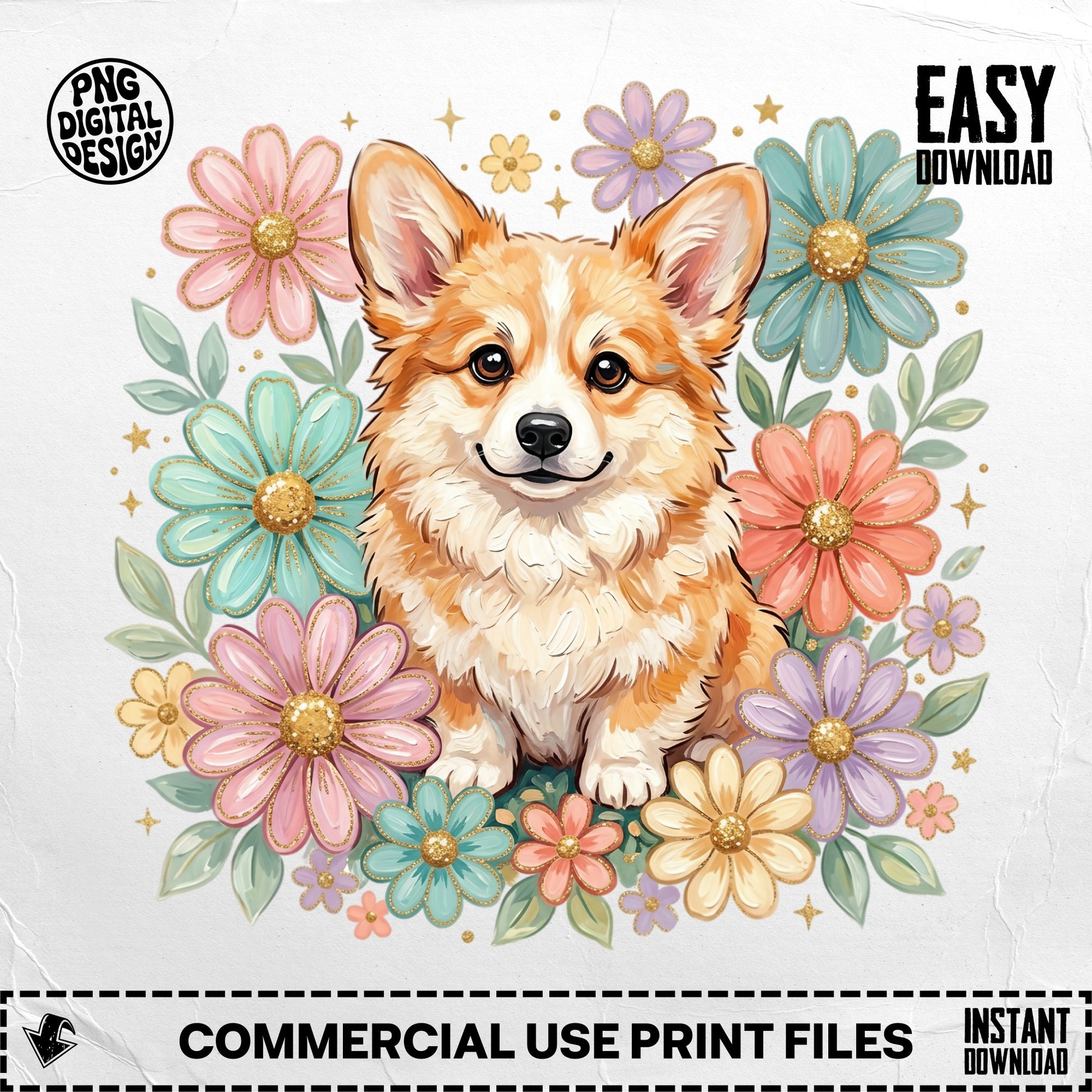 Corgi dog surrounded by colorful flowers with "Easy Download" text.