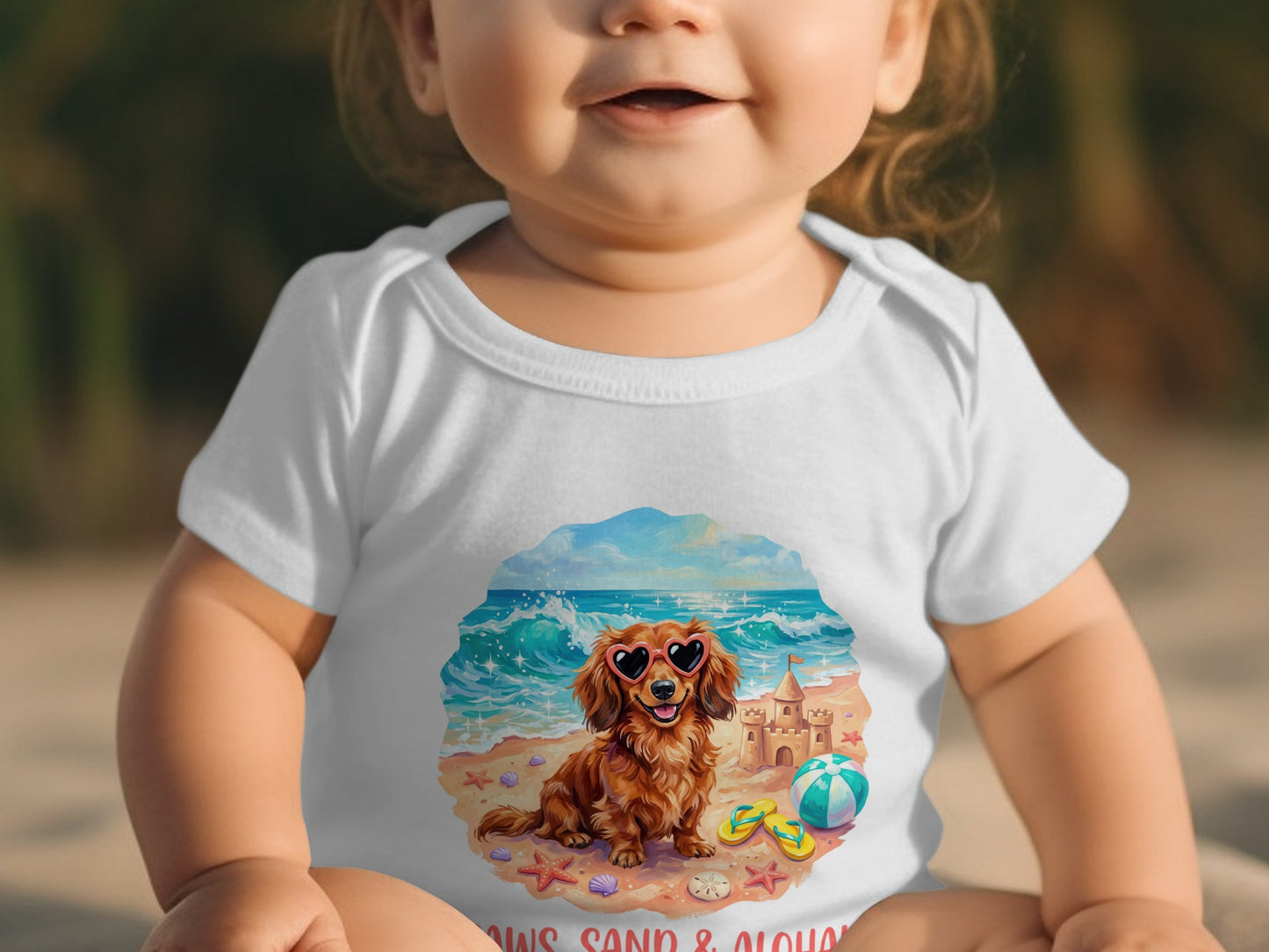 Baby wearing white bodysuit with dachshund on beach graphic.