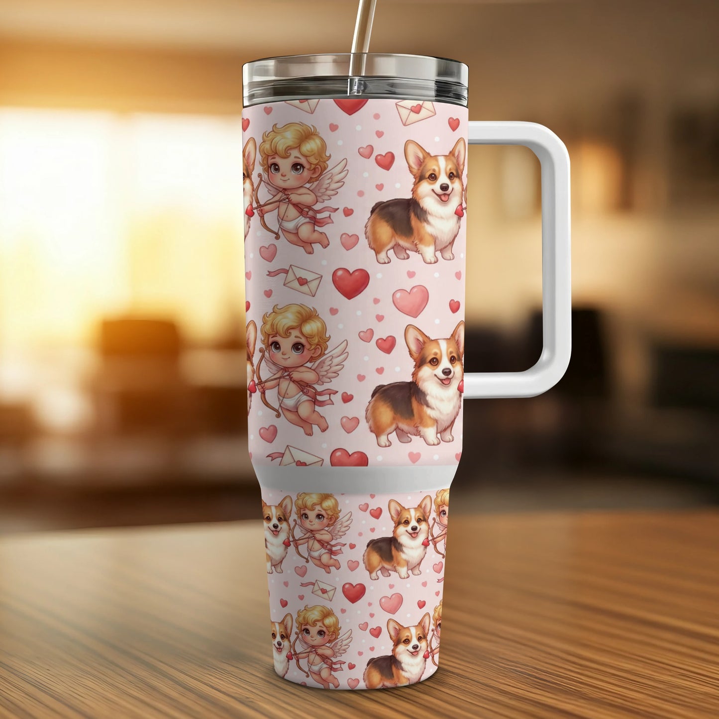 Pink tumbler with corgis, cupids, and hearts pattern.