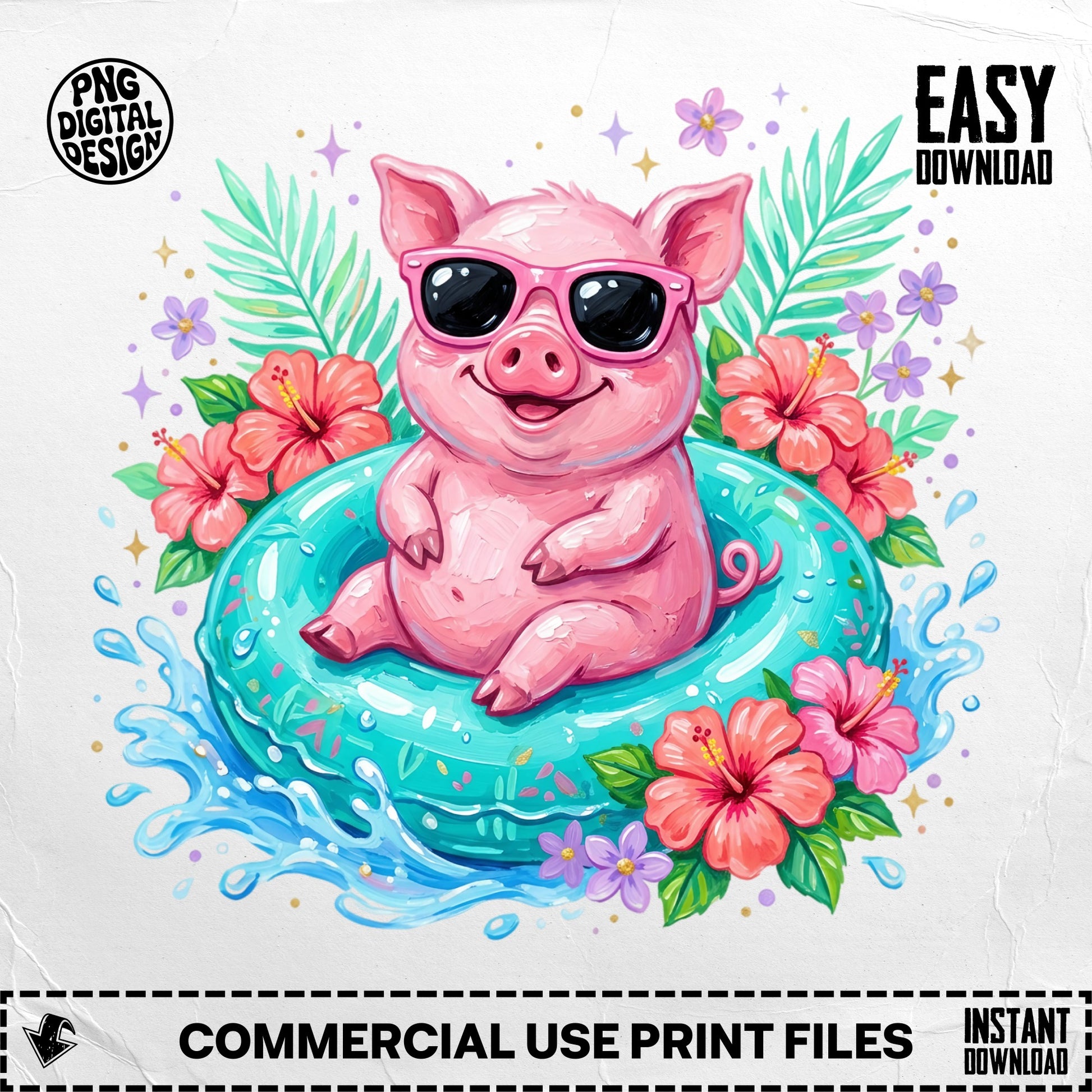 Pink pig wearing sunglasses floats in a blue inner tube, surrounded by hibiscus flowers.