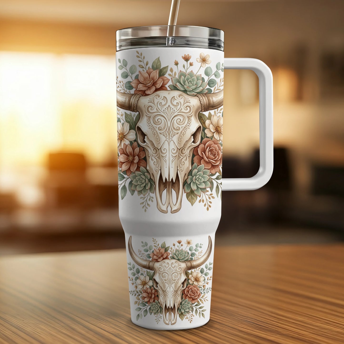 White tumbler with floral steer skull design and handle.