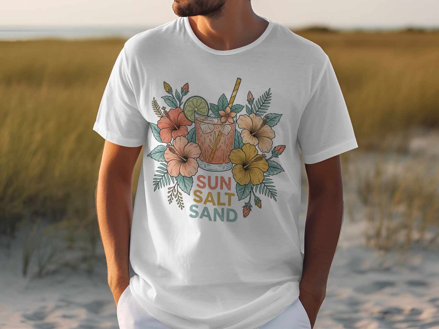 White t-shirt with floral design and "Sun Salt Sand" text.