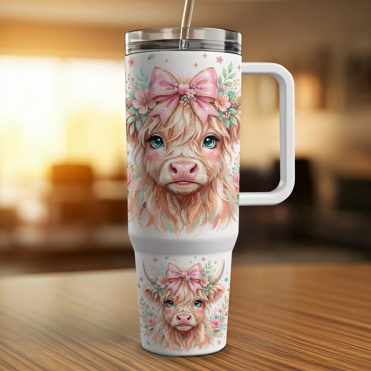 Pink floral cow tumbler with straw and handle, close-up.