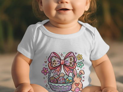 Baby wearing white onesie with Easter basket graphic.